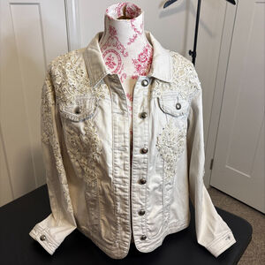 Ivory Embroidered Lace Denim Trucker Jacket Romantic Cottagecore, Chic St Size L